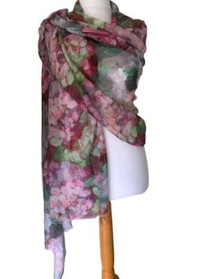 Pink Floral Wrap with a Green Abstract Flower Pattern Lightweight Pashmina Wrap