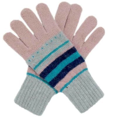 Pink Gloves with Blue and Grey Stripes Women's Knitted Wool and Angora Blend