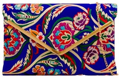 Royal Blue Clutch Bag Multicoloured Floral Pattern Satin Evening Bag