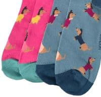 Sausage Dog Socks 2 Pair Pack Dachshund Dogs in Hot Pink and Blue