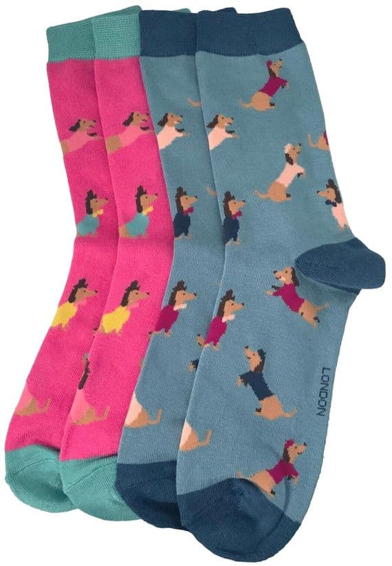 Sausage Dog Socks 2 Pair Pack Dachshund Dogs in Hot Pink and Blue