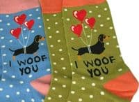 Sausage Dog Socks 2 Pair Pack with a Dachshund Dogs Pattern in Blue and Green