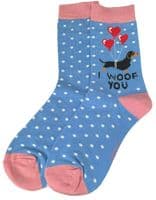 Sausage Dog Socks 2 Pair Pack with a Dachshund Dogs Pattern in Blue and Green