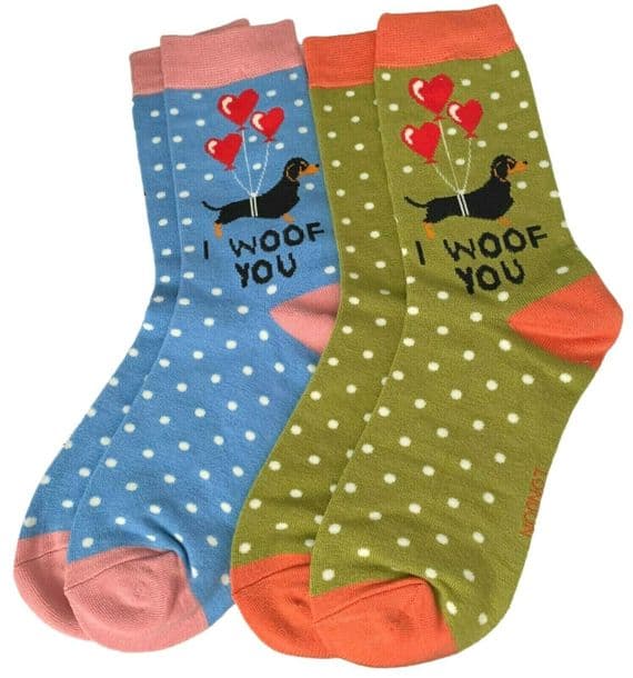 Sausage Dog Socks 2 Pair Pack with a Dachshund Dogs Pattern in Blue and Green