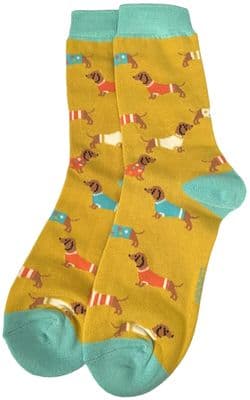 Sausage Dogs Socks Dachshund Dog Pattern in Mustard Yellow and Mint Green