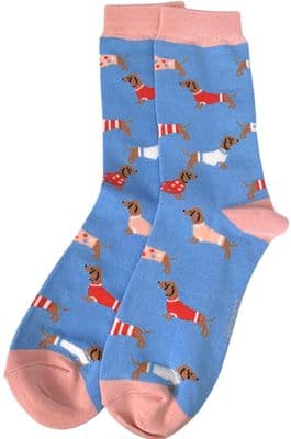 Sausage Dogs Socks for Women with a Dachshund Dog Pattern in Blue and Pink