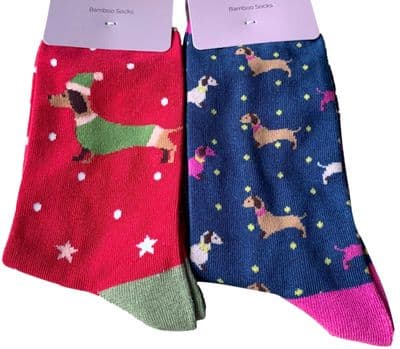 Sausage Dogs Socks Ladies Dachshunds Dog Navy Blue Red 2 Pack Bamboo Size 3 - 7