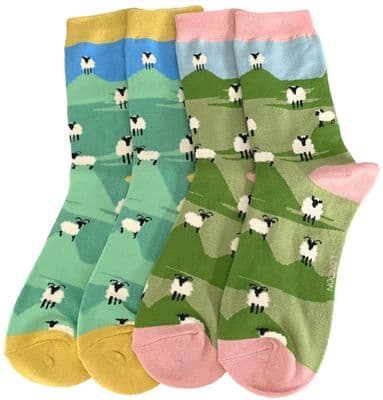 Sheep Socks 2 Pair Pack in Green and Blue Womens Size  3 - 7