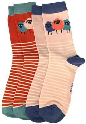Sheep Socks 2 Pair Pack in Pink and Orange Women's Size 3 to 7