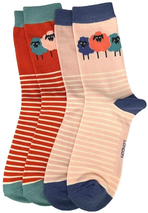 Sheep Socks 2 Pair Pack in Pink and Orange Women's Size 3 to 7