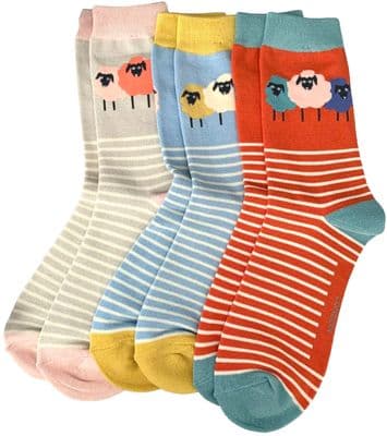 Sheep Socks 3 Pair Pack in Blue Orange and Grey Women's Size 3 to 7