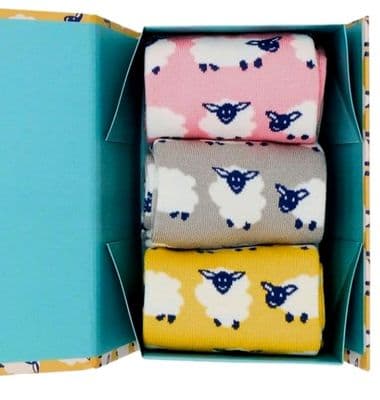Sheep Socks Gift Box 3 Pair Pack in Pink Grey and Yellow Women's Size 3 - 7