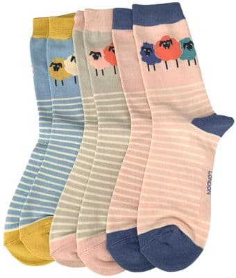 Sheep Socks Ladies Blue Pink Grey Striped 3 Pair Multi Pack Stripy Bamboo Cotton