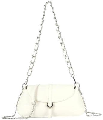 Shoulder Bag Ladies Faux Leather Handbag in White with Silver Coloured Chain Detail