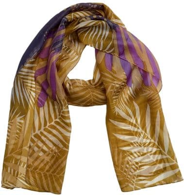 Silk Scarf in Mustard Yellow with Pink and Navy Blue Leaf Pattern