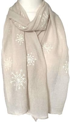 Snowflake Scarf in Beige Lightweight Embroidered Snow Pattern Christmas Scarf