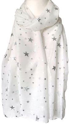 Star Scarf Silver Stars White Cotton Blend Wrap