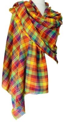 Tartan Shawl in Yellow Orange and Green Lightweight Cotton Plaid Checked Pashmina Wrap