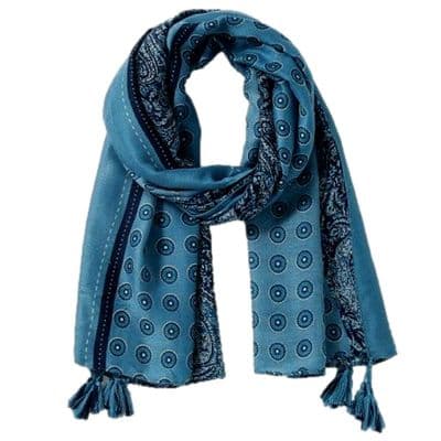 Tassel Trim Scarf in Blue Women's Paisley Print Floral Festival Wrap