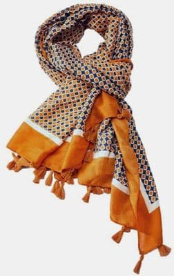 Tassel Trim Scarf In Brown Orange and Black with a Small Square Pattern