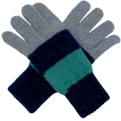 Women's Gloves Navy Blue and Grey Striped Wool and Angora Blend