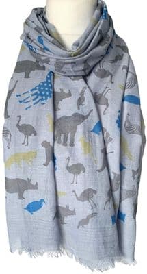 Zoo Animals Scarf Grey Rhino Zebra Ostrich Blue Giraffe Elephants Pattern