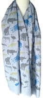 Zoo Animals Scarf Grey Rhino Zebra Ostrich Blue Giraffe Elephants Pattern