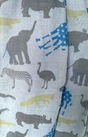 Zoo Animals Scarf Grey Rhino Zebra Ostrich Blue Giraffe Elephants Pattern