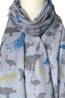 Zoo Animals Scarf Grey Rhino Zebra Ostrich Blue Giraffe Elephants Pattern