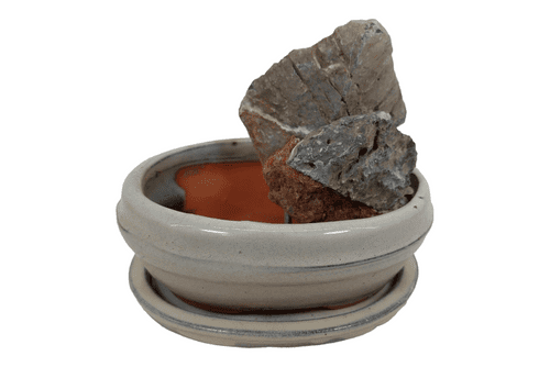 Bonsai Pot, Oval (NL), 15cm, Cream, Glazed, Saucer, Rock, USED #4