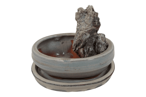 Bonsai Pot, Oval (NL), 15cm, Cream, Glazed, Saucer, Rock, USED #5