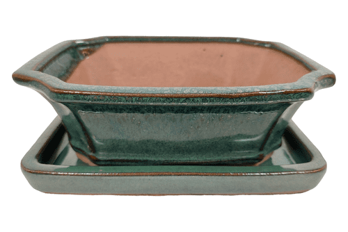 Bonsai Pot, Rectangle (IC), 18cm, Green, Glazed, Saucer, USED