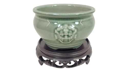 Bonsai Pot, Round, 11cm, Green (Pale), Glazed & Display Table
