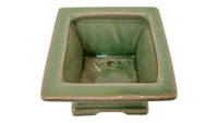Bonsai Pot, Square, 9cm, Green, Glazed, Motif