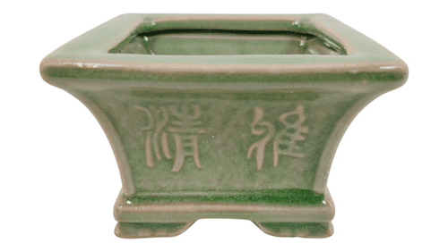 Bonsai Pot, Square, 9cm, Green, Glazed, Motif