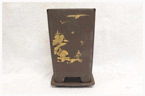 Bonsai Pot, Square (T), 12cm, Brown, Unglazed, Motif, Saucer