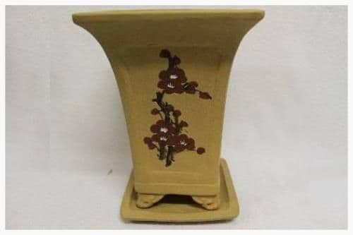 Bonsai Pot, Square (T), 15cm, Brown (Light), Unglazed, Motif, Saucer