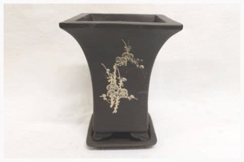 Bonsai Pot, Square (T), 16cm, Brown (Dark), Unglazed, Motif, Saucer