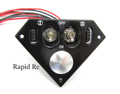 Medium Duty Trianglular Double Futaba/JR Switch Harness with Built in Charging Sockets and Fuel Dot