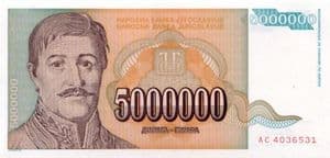 95132 YUGOSLAVIA P132 1993 5,000,000 Dinara banknote uncirculated