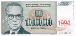 95144 YUGOSLAVIA P144a 1994 10,000.000 Dinara banknote uncirculated