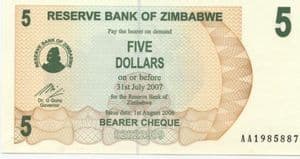 99938 ZIMBABWE  P38 1st August 2006 5 Dollars (bearer cheque) uncirculated