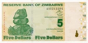 99993 ZIMBABWE P93 2009 5 Dollars banknote uncirculated