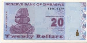 99995 ZIMBABWE  P95 2009 20 Dollars banknote uncirculated