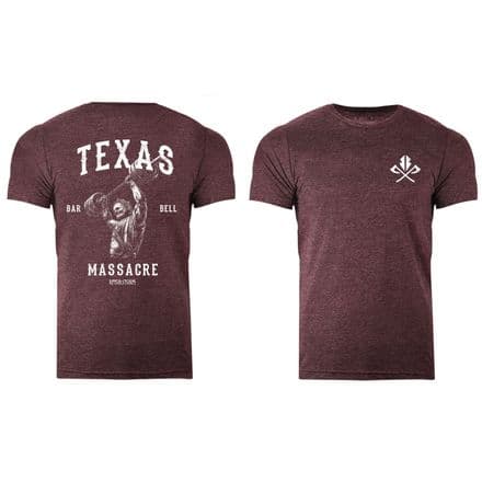 s957 Reverse Texas Bar Bell Massacre T-shirt - Heather Maroon