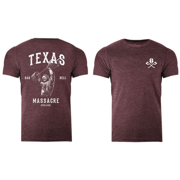 s957 Reverse Texas Bar Bell Massacre T-shirt - Heather Maroon