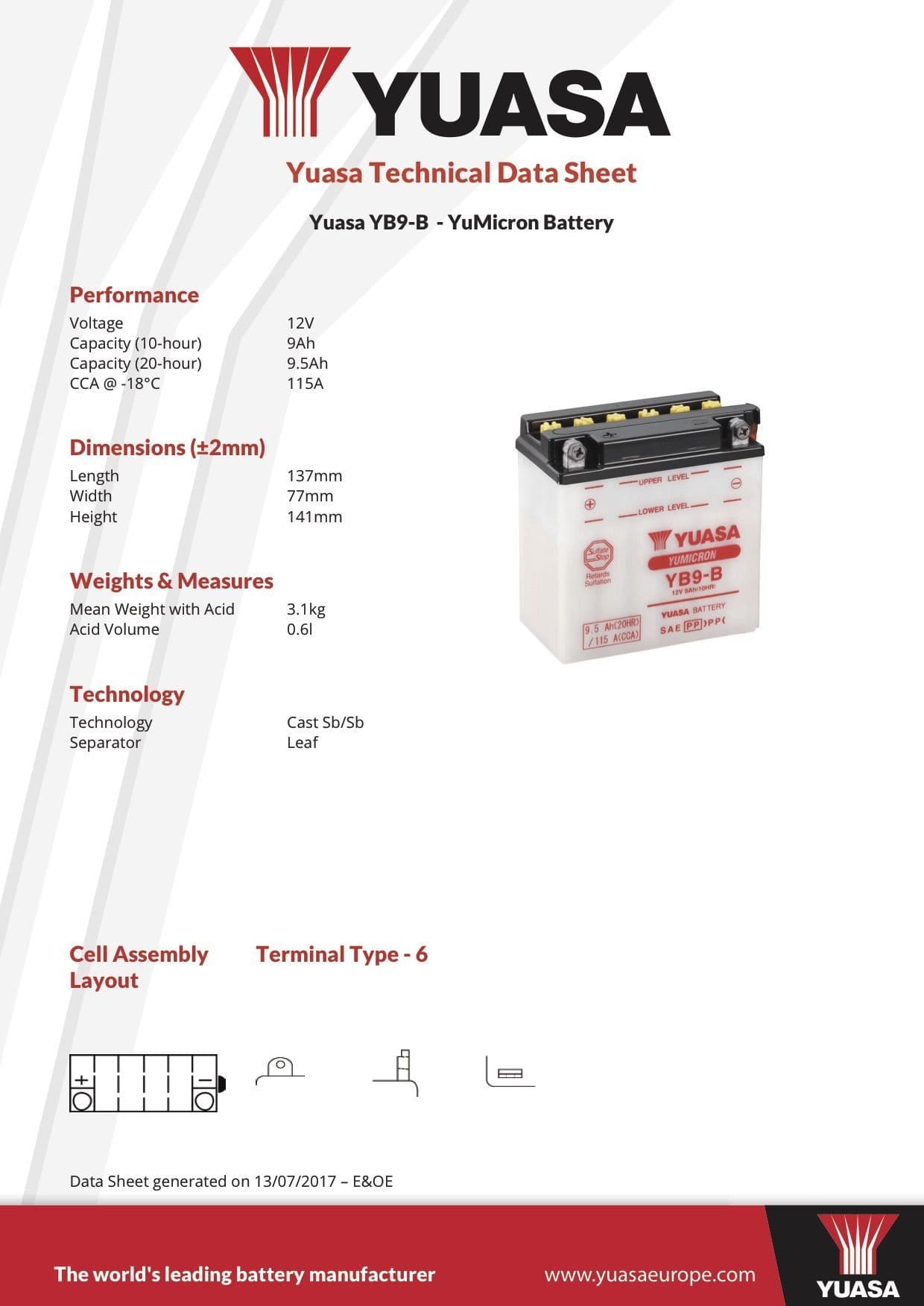YUASA Battery 12V-9Ah 584810 YB9B