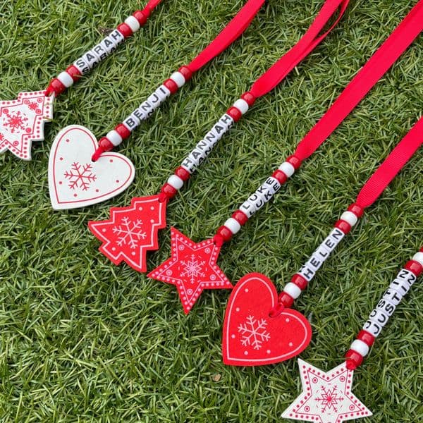 Bead and Wooden Shape Personalised Decoration - Red and White