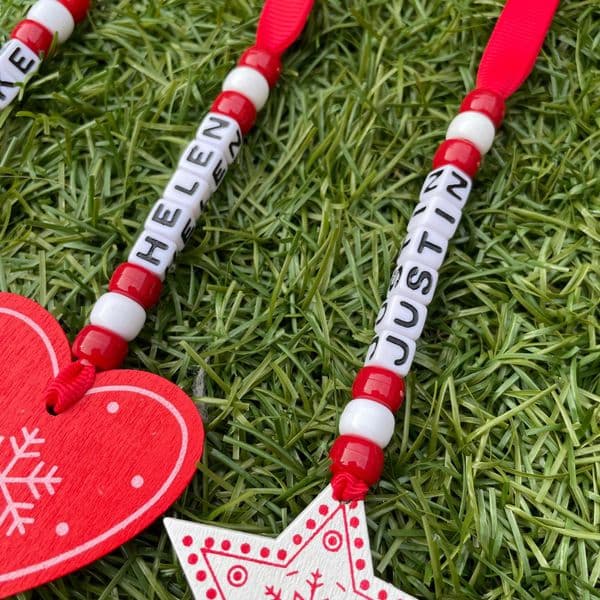 Bead and Wooden Shape Personalised Decoration - Red and White
