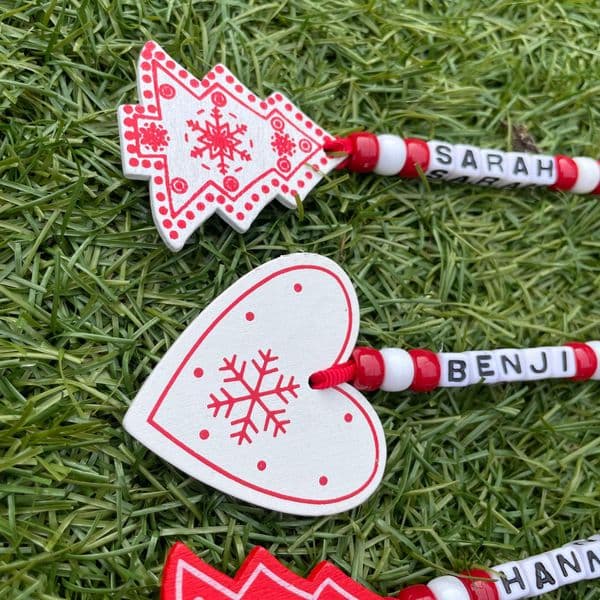 Bead and Wooden Shape Personalised Decoration - Red and White